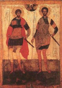 Icon of St Theodore Stratilates and St Theodore Tyron (15th century) by Russian Unknown Masters