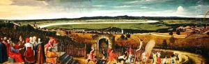 An extensive river landscape with the Parable of the Tenants and the Vineyard Owner