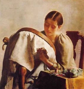 Young Girl Embroidering by Charles Frederick Ulrich