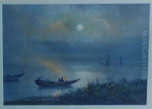 Early Morning On The Baysigned Watercolor On Paper Image Size 9 X 13 Inchesframed