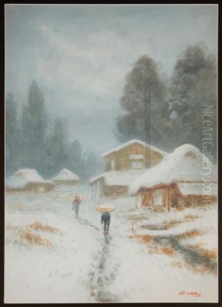 Figureswalking In A Snowy Country Village - view 1