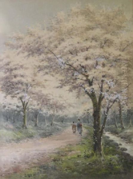 Figures And Cherry Blossom Signed 26 X 19.5in - view 1