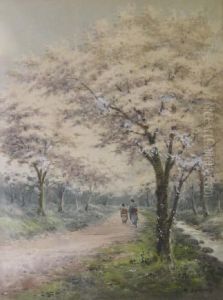 Figures And Cherry Blossom Signed 26 X 19.5in