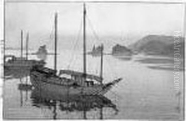 Grand Oban Yoko-e (40 X 27,4 Cm), Mitsu Koshima, Les Trois Petites
Iles, Planche Seto-u-chikai, La Mer A Seto-uchi, Deux Bateaux A
L'ancre, La Nuit Au Premier Croissant De Lune. - view 1