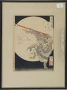 Monkey Playing With A Rabbit Set Against A Full Moon by Tsukioka Yoshitoshi
