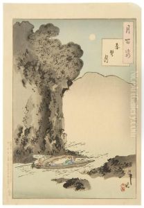 Depicting Boatman Under A Towering Cliff by Tsukioka Yoshitoshi