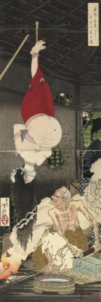 Vertical Oban Diptych, Showing
The Lonely House On Adachi Moor, Published By Matsui Eikichi In 1885,
Good Impression, Slightly Creased, Top Sheet Rubbed; And A Vertical
Diptych, Lu Chi-shen Topples The Temple Gate Guardian In Rage, Good
Impression - view 1