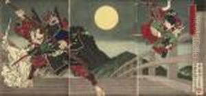 A Triptych Showing Yoshitsune
And Benkei Fighting On Gojo Bridge, Published By Morimoto Junzaburo In
1881, Very Good Impression, Good Colour And Condition A Triptych Showing Yoshitsune
And Benkei Fighting On Gojo Bridge, Published By Morimoto Junzaburo In
1881, Very Good Impression, Good Colour And Condition