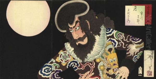 A Triptych From The Series 
'snow, Moon And Flowers', Showing Ichikawa Danjuro Ix As The Nagasaki 
Pirate Kezori Kuemon, Published By Akiyama Buemon In 1890, Very Good 
Impression, Colour And Good Condition, Left Sheet Slightly Soiled, 
Margins Trimme - view 1