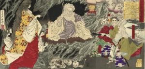 A Triptych Showing Mitokomon 
Mitsukuni-ko Subjugating A Ghost In Yahata, Published By Akiyama Buemon 
In 1881, Very Good Impression, Colour And Condition; And Two Triptychs 
By Yoshitoshi, One Showing Ema, The King Of Hell Flanked By The Spectres
 An