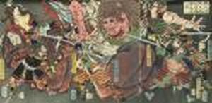 A Triptych Showing Raiko And His
 Four Heavenly Generals Vanquish The Ogres Off Oeyama, Circa 1865; And 
Two Other Triptychs By Yoshitoshi, In Good General Condition (3)