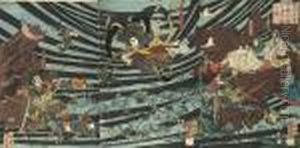 His First Print, A Triptych
Showing The Heike Clan Sinking Into The Sea, Published By Maruya
Yinpachi, In 1853, Very Rare, Good Impression, Colour And Condition,
Slightly Stained Towards The Top; And Two Other Triptychs By Yoshitoshi,
In Fair Gene - view 1
