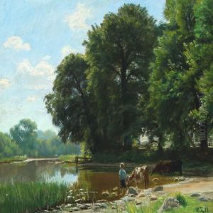 Summer Landscape With Boy And Cows At A Lake Summer Landscape With Boy And Cows At A Lake