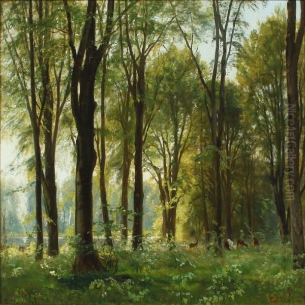 Spring Forest With Deers And A Lake - view 1