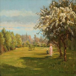 Mother And Son Walking In A Garden by Christian Zacho