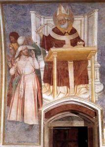St Ambrose Enthroned Flagellating Two Heretics by Italian Unknown Master