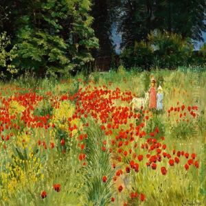 Little Girls Walkingin A Field With Red Poppies In Bloom by Christian Zacho