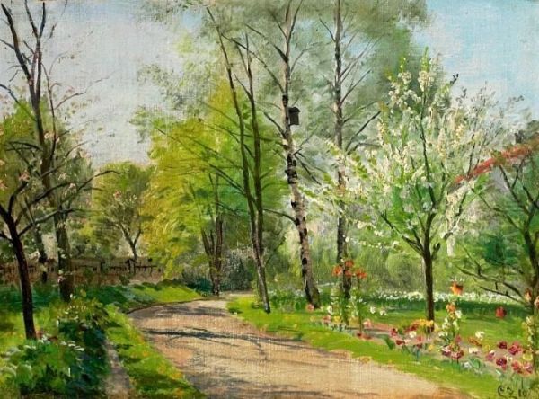 Spring Day In Frederiksberg Garden With Blooming Trees. Signed Cz 10 - view 1