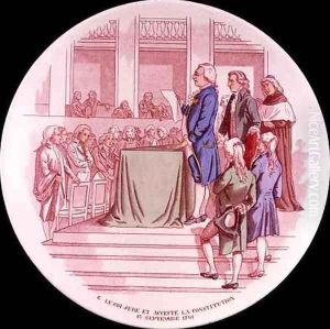 Plate depicting Louis XVI 1754-93 Accepting the New Constitution, 13th September 1791, Sarreguemines, 1889 by Paul Utzschneider