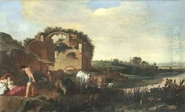 An Italianate landscape with shepherds resting with their cattle near a ruin - view 1