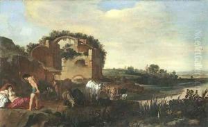 An Italianate landscape with shepherds resting with their cattle near a ruin by Moyses or Moses Matheusz. van Uyttenbroeck