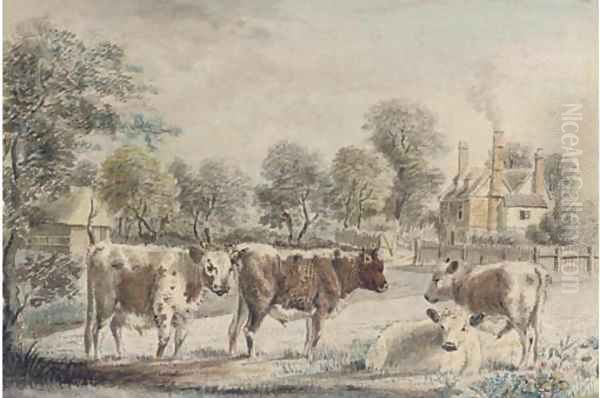 Young cattle before a farmhouse - view 1
