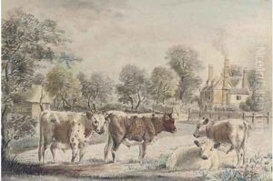 Young cattle before a farmhouse by Thomas Richard Underwood