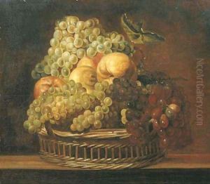 Grapes, apples, a peach and a lemon in a wicker basket on a wooden ledge by Adriaen van Utrecht
