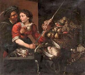 A poulterer with a suitor, with grapes and pears in a bowl and dead game on a draped table