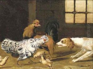 A spaniel chasing a cockeral, a hen and chicks by Adriaen van Utrecht