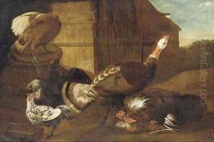 A turkey, cocks and chickens in a farmyard by Adriaen van Utrecht