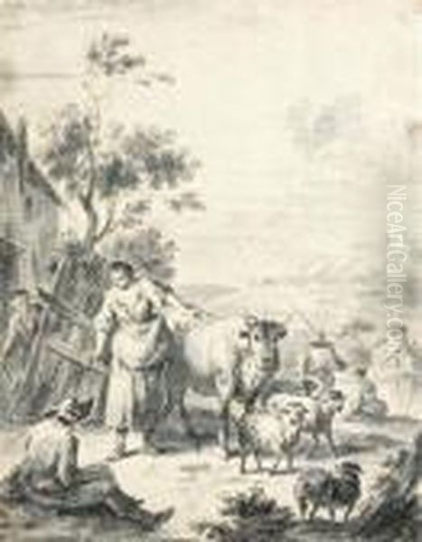 A Milkmaid With Cattle And Sheep - view 1