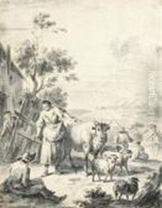 A Milkmaid With Cattle And Sheep by Giuseppe Zais