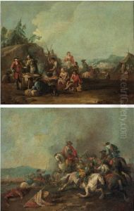 Accampamento Intorno Al Fuoco E Battaglia Di Cavalleria Accampamento Intorno Al Fuoco E Battaglia Di Cavalleria