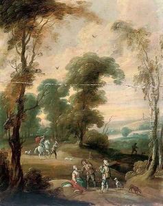 A wooded landscape with a hawking party on a track