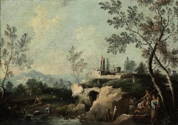 A Wooded River Landscape With Peasants, A Village Beyind - view 1