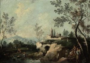A Wooded River Landscape With Peasants, A Village Beyind by Giuseppe Zais