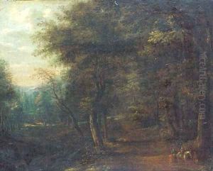 A wooded landscape with travellers on a track A wooded landscape with travellers on a track