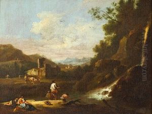 An Italianate Landscape With Figures Fishing Below A Waterfall