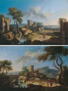Paesaggio Fluviale Montano Con
Una Torre Rotonda E Figure; Paesaggio Fluviale Con Rovine E Figure by Giuseppe Zais