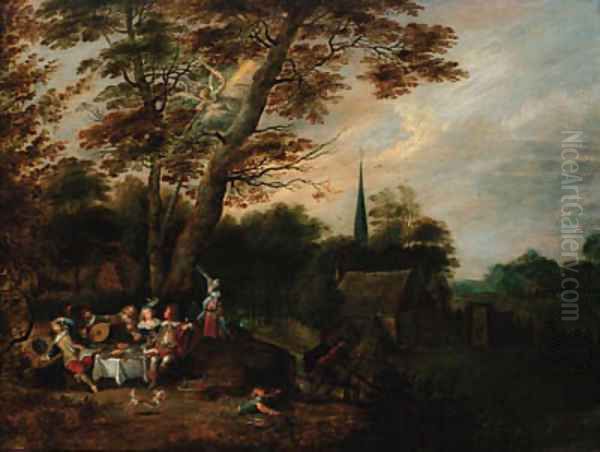 Elegant company at table in a wooded landscape, a village beyond with an angel of the Apocalypse above - view 1