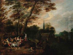 Elegant company at table in a wooded landscape, a village beyond with an angel of the Apocalypse above