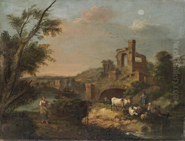 A Wooded River Landscape With Herdsmen And Their Cattle Resting Ona Bank, Ruins Beyond - view 1