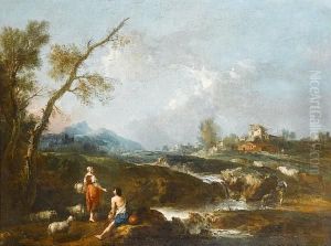 A River Landscape With Pastoral
Figures And Aflock In The Foreground, An Italian Village In The
Background by Giuseppe Zais