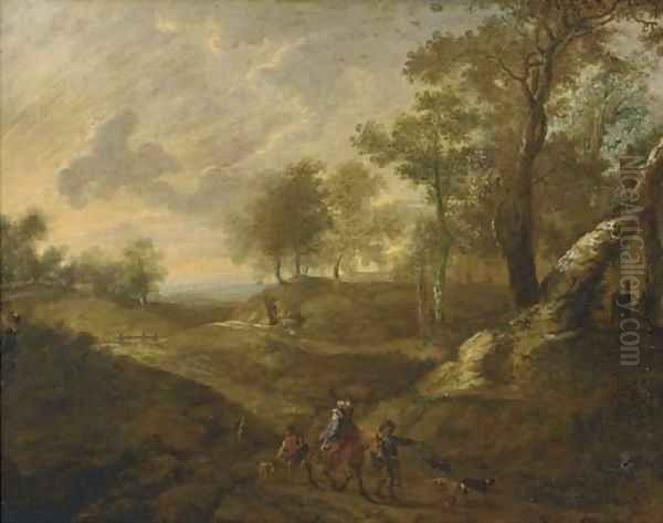 A wooded landscape with huntsmen on a path - view 1