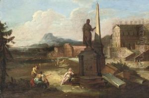 A Capriccio View Of Rome With 
Figures Conversing By A Statue And An Obelisk, The Colloseum And Other 
Ancient Buildings Beyond