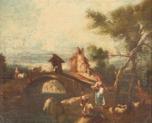 A River Landscape With A Herdsman Resting Near A Bridge, A Fortress Beyond - view 1