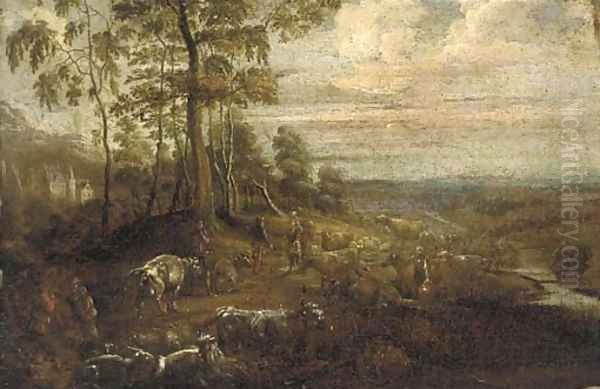 An extensive landscape with figures and cattle by a river, a castle in the distance by Lucas Van Uden