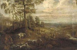 An extensive landscape with figures and cattle by a river, a castle in the distance