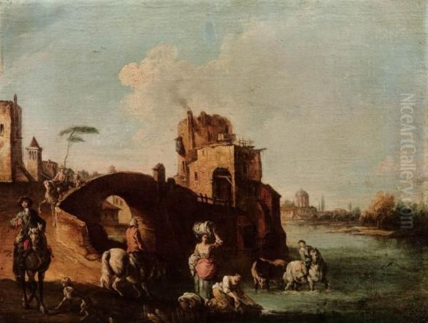 Paesaggio Fluviale Con Torrione, Ponte, Cavalieri E Lavandaie - view 1